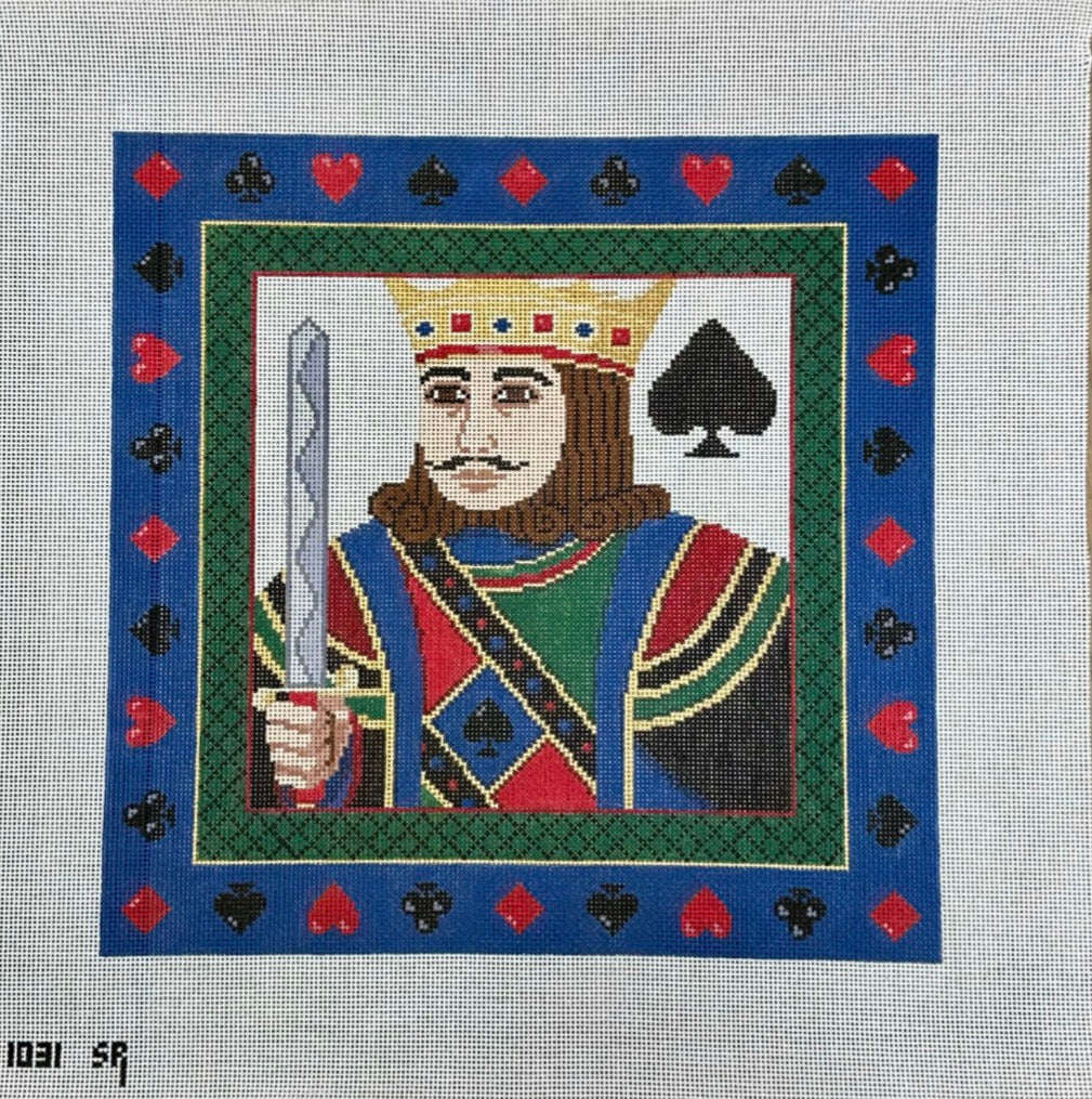 susan roberts king of spades needlepoint canvas, 13 mesh, square 14" x 14" lying flat on white background