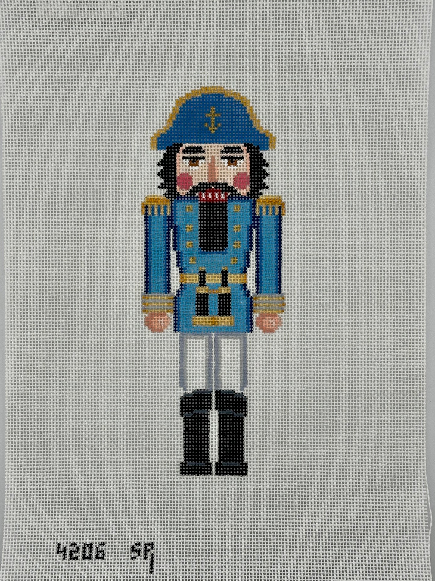 susan roberts blue sea captain nutcracker canvas, 18 mesh, 6.5" high lying flat on white background