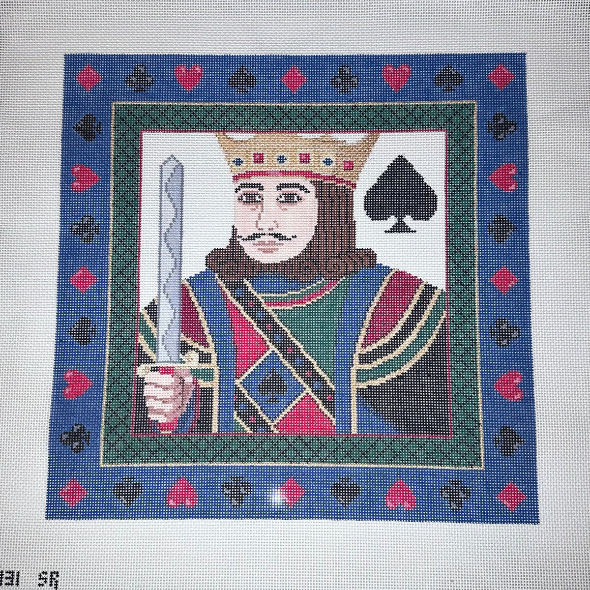 susan roberts king of spades needlepoint canvas, 13 mesh, square 14" x 14" lying flat on white background