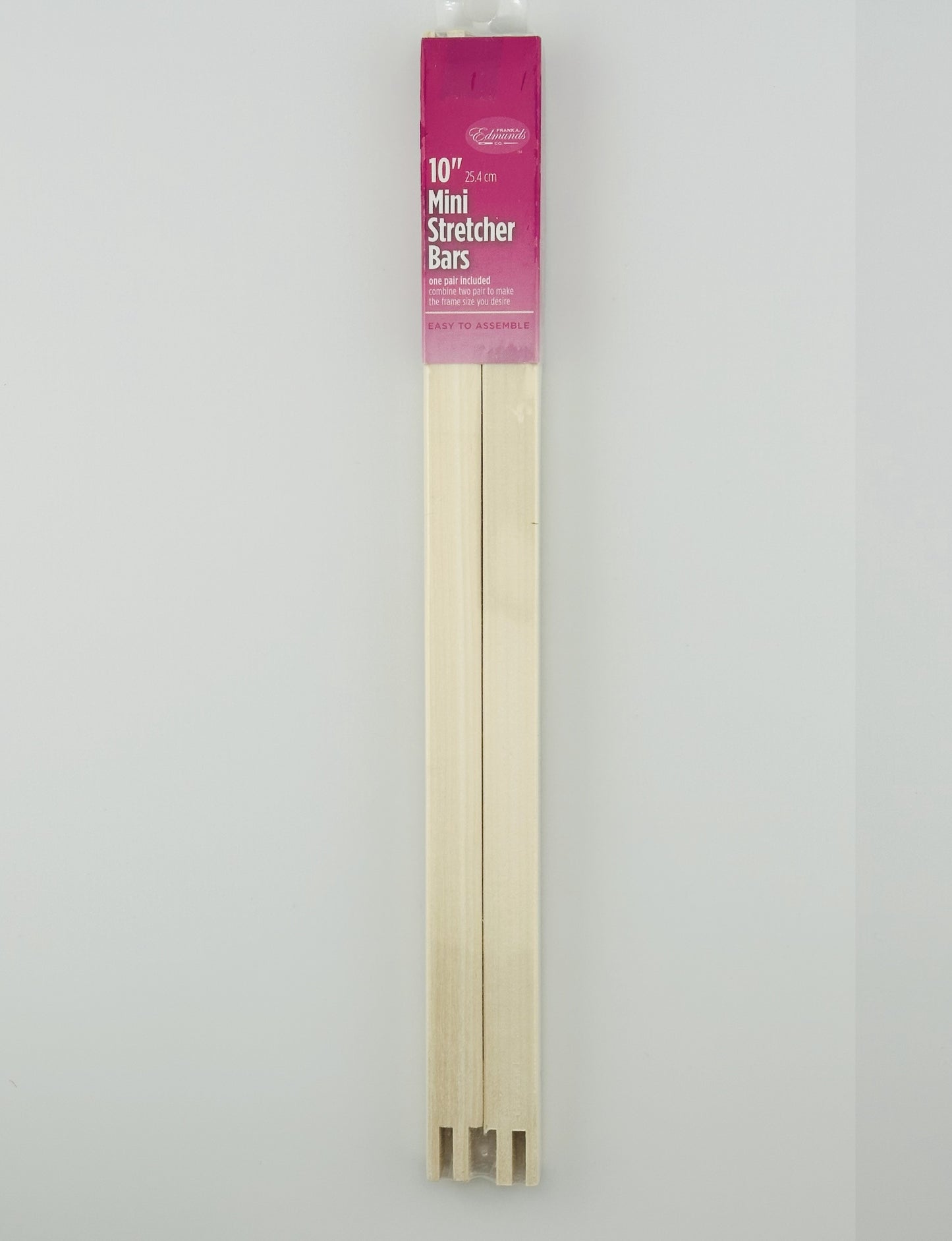 Two 10" wooden mini stretcher bars with a pink packaging label on a white background