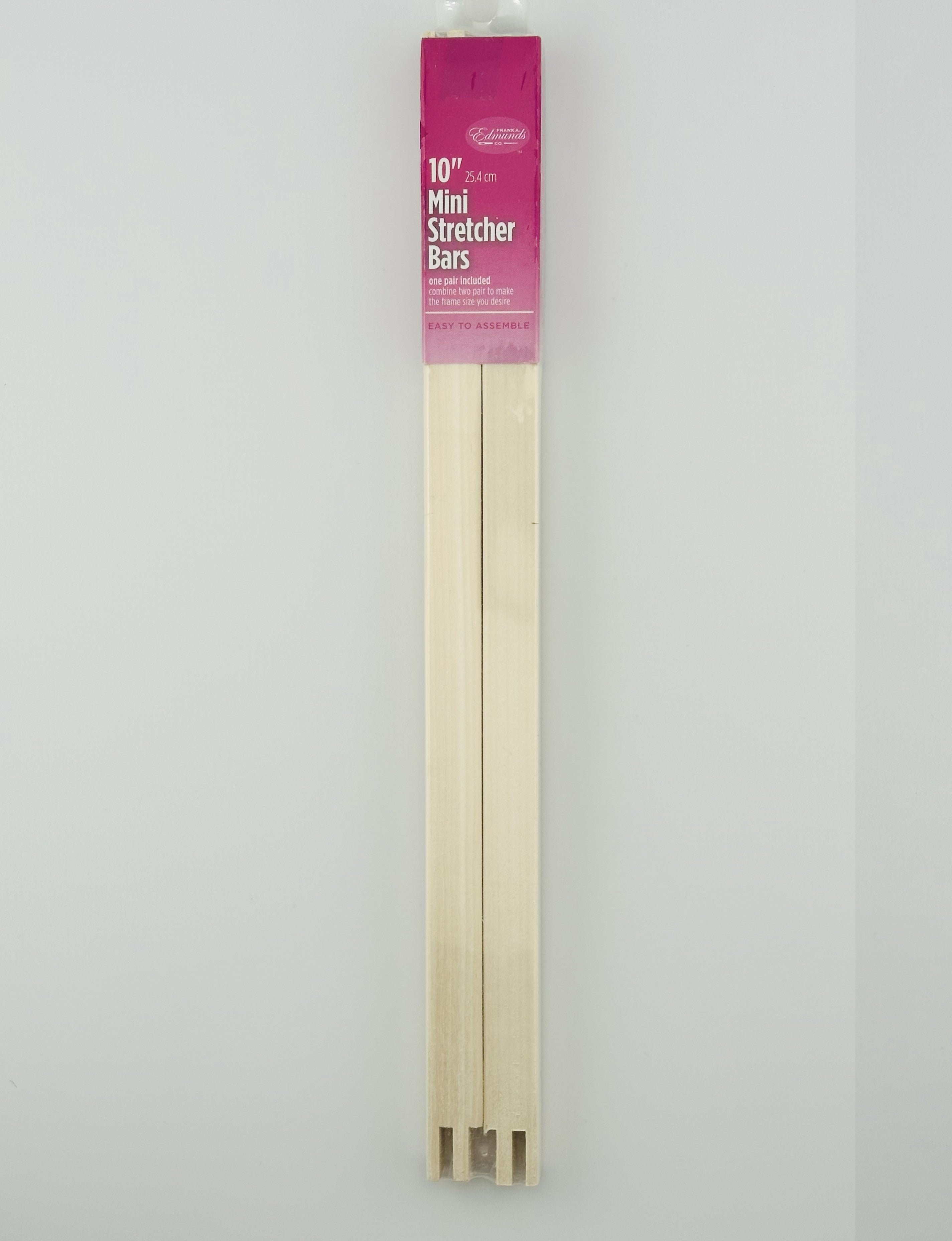 Two 10" wooden mini stretcher bars with a pink packaging label on a white background