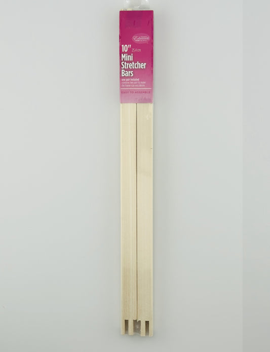 Two 10" wooden mini stretcher bars with a pink packaging label on a white background