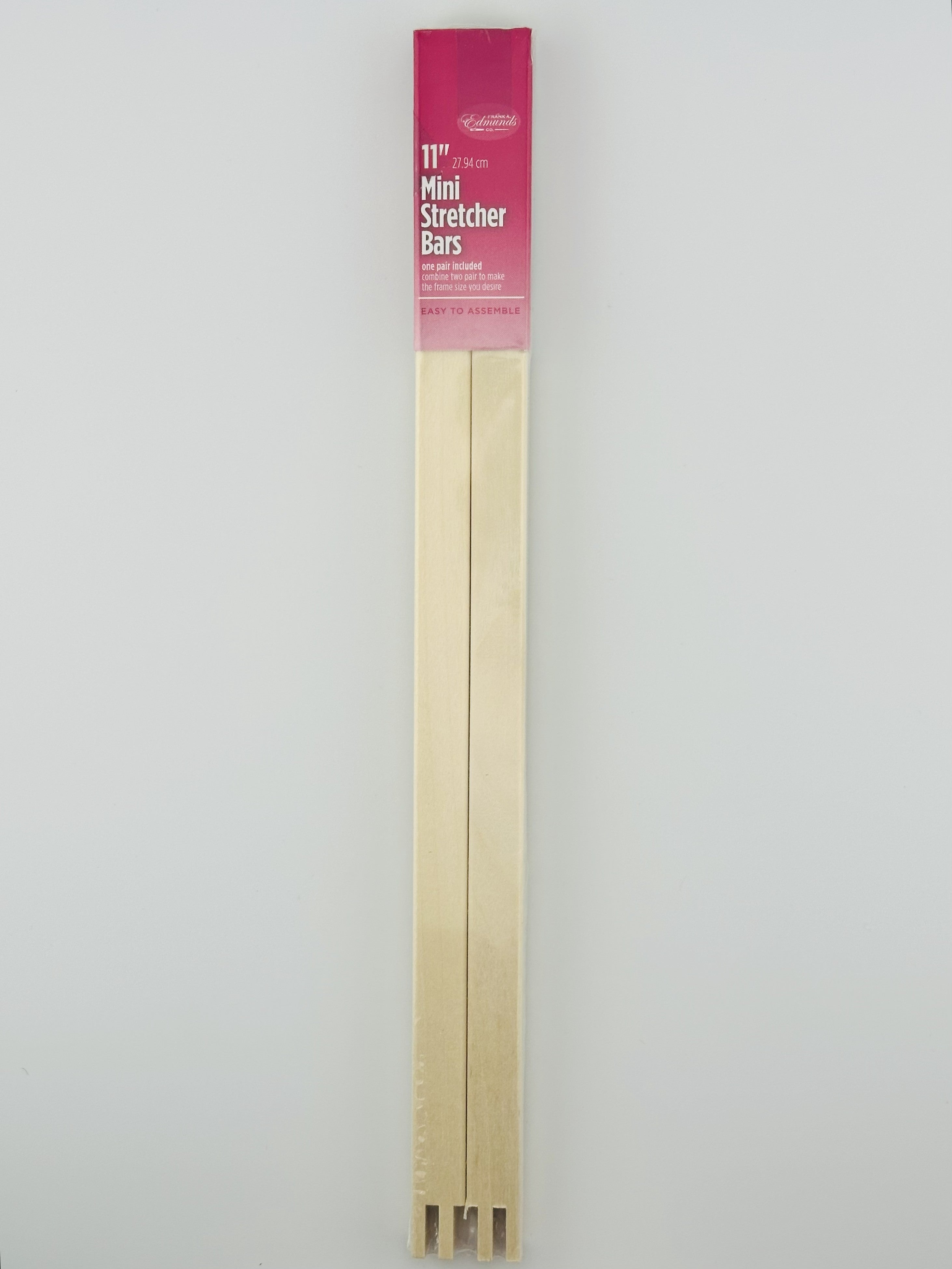 Two 11" wooden mini stretcher bars with a pink packaging label on a white background