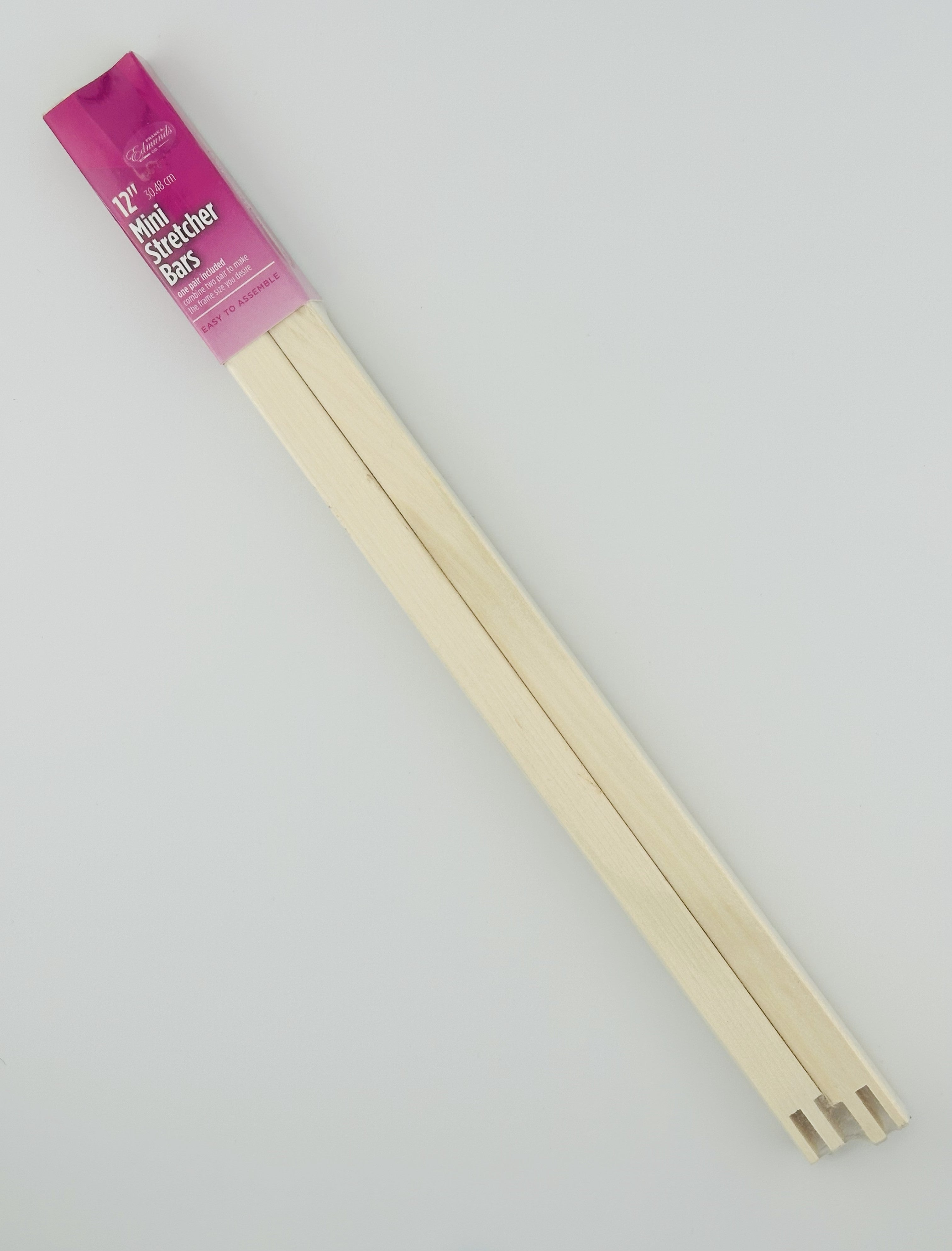 Two 12" wooden mini stretcher bars with a pink packaging label on a white background