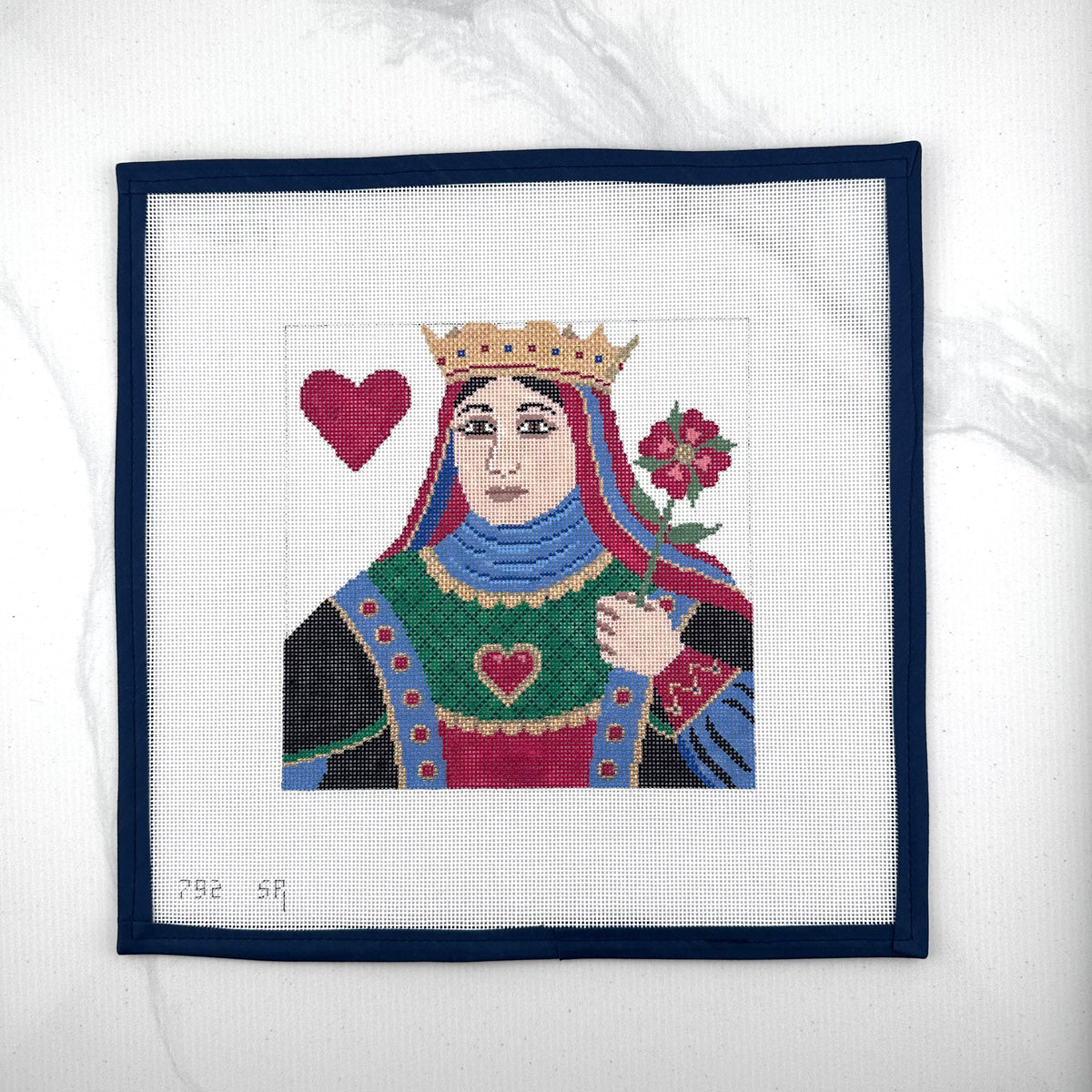 susan roberts queen of hearts needlepoint canvas, 18 mesh, 6.5" square lying flat on white background