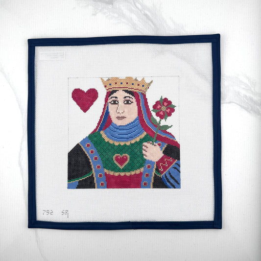 susan roberts queen of hearts needlepoint canvas, 18 mesh, 6.5" square lying flat on white background