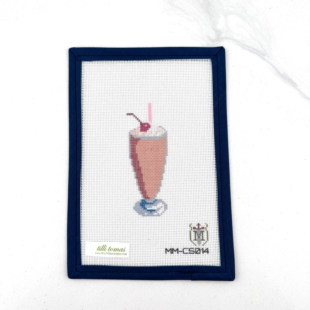 chocolate milkshake needlepoint canvas by misty morrow on 18 mesh 1.5" x4" lying flat on white background