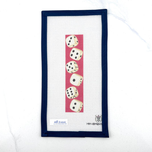 bookmark with 6 dice on red background on 18 mesh needlepoint canvas  flat one white background.