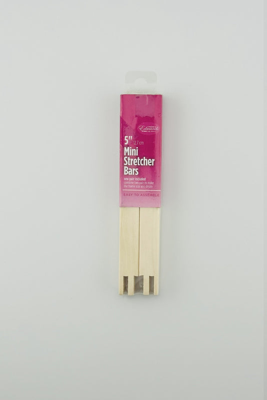 Two 5" wooden mini stretcher bars with a pink packaging label on a white background