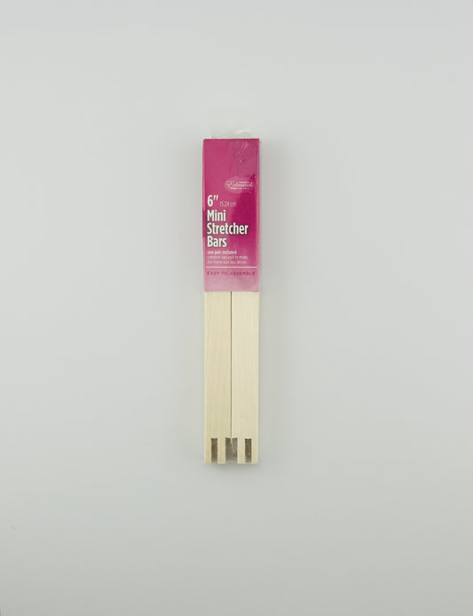 Two 6" wooden mini stretcher bars with a pink packaging label on a white background