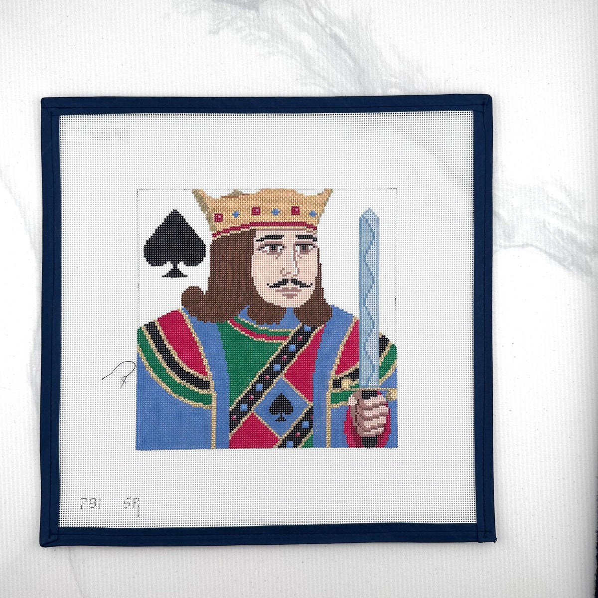 susan roberts king of spades needlepoint canvas, 18 mesh, 6.5" square lying flat on white background