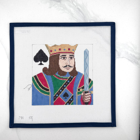 susan roberts king of spades needlepoint canvas, 18 mesh, 6.5" square lying flat on white background