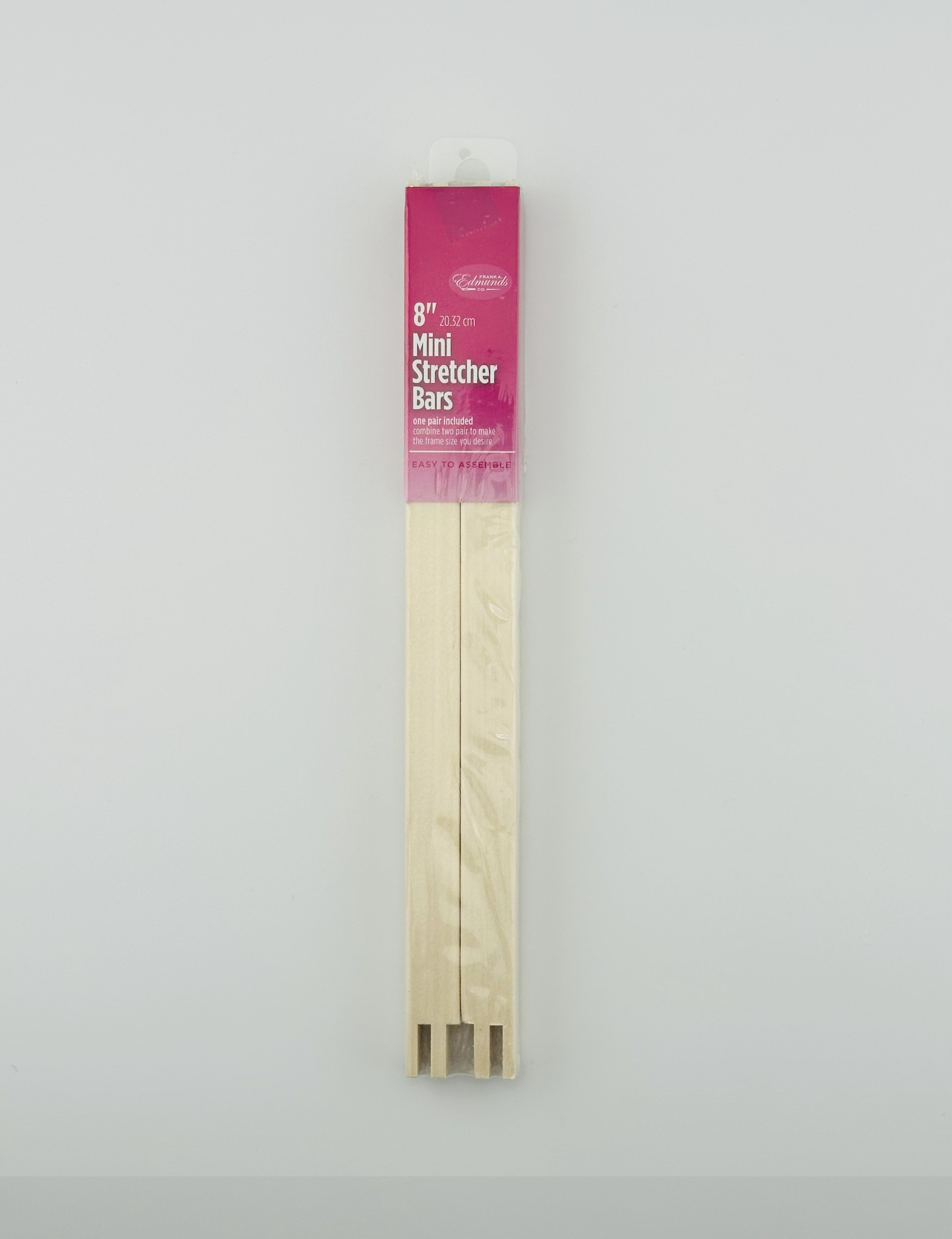 Two 8" wooden mini stretcher bars with a pink packaging label on a white background