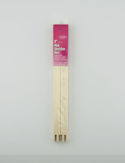 Two 8" wooden mini stretcher bars with a pink packaging label on a white background