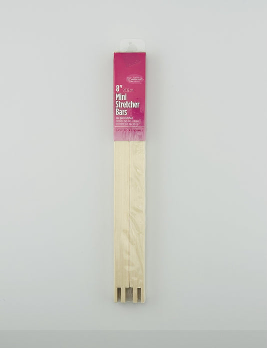 Two 8" wooden mini stretcher bars with a pink packaging label on a white background