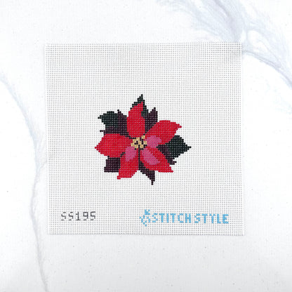 13 mesh needlepoint canvas featuring a red poinsettia flower on a white background. The text 'SS195' appears in black at the bottom left, and 'STITCH-STYLE' is printed in teal at the bottom right.