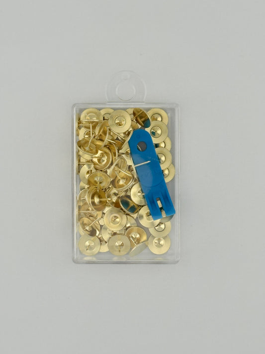 Clover brand brass thumb tacks with remover in clear plastic case on white background