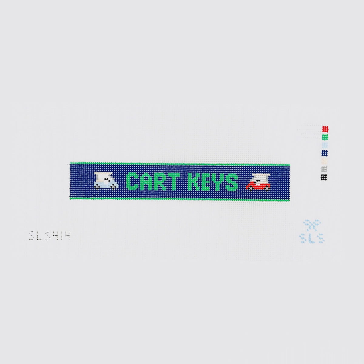 A needlepoint key fob canvas featuring a blue and green sign with the text 'CART KEYS' in green on 14 mesh lying flat on white background.