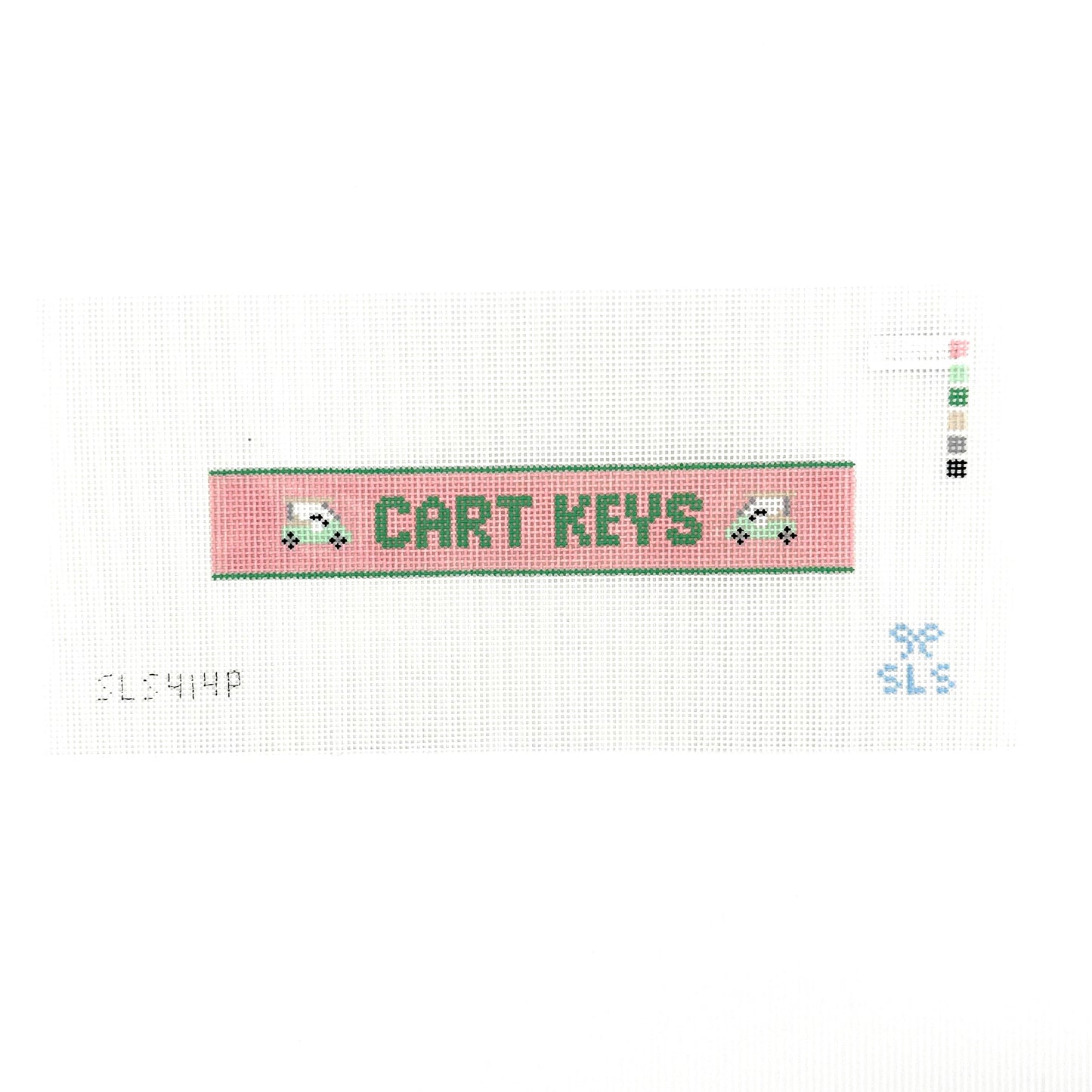 A needlepoint key fob canvas featuring a pink and green sign with the text 'CART KEYS' in green on 14 mesh lying flat on white background.