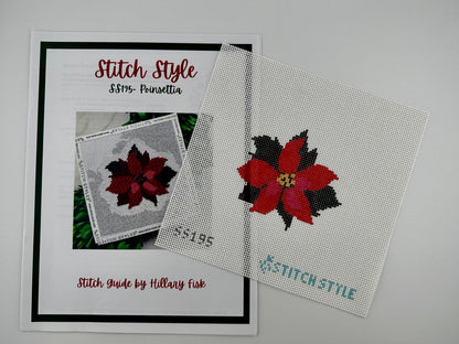 13 mesh needlepoint canvas featuring a red poinsettia flower on a white background. The text 'SS195' appears in black at the bottom left, and 'STITCH-STYLE' is printed in teal at the bottom right. Shown with stitch guide.