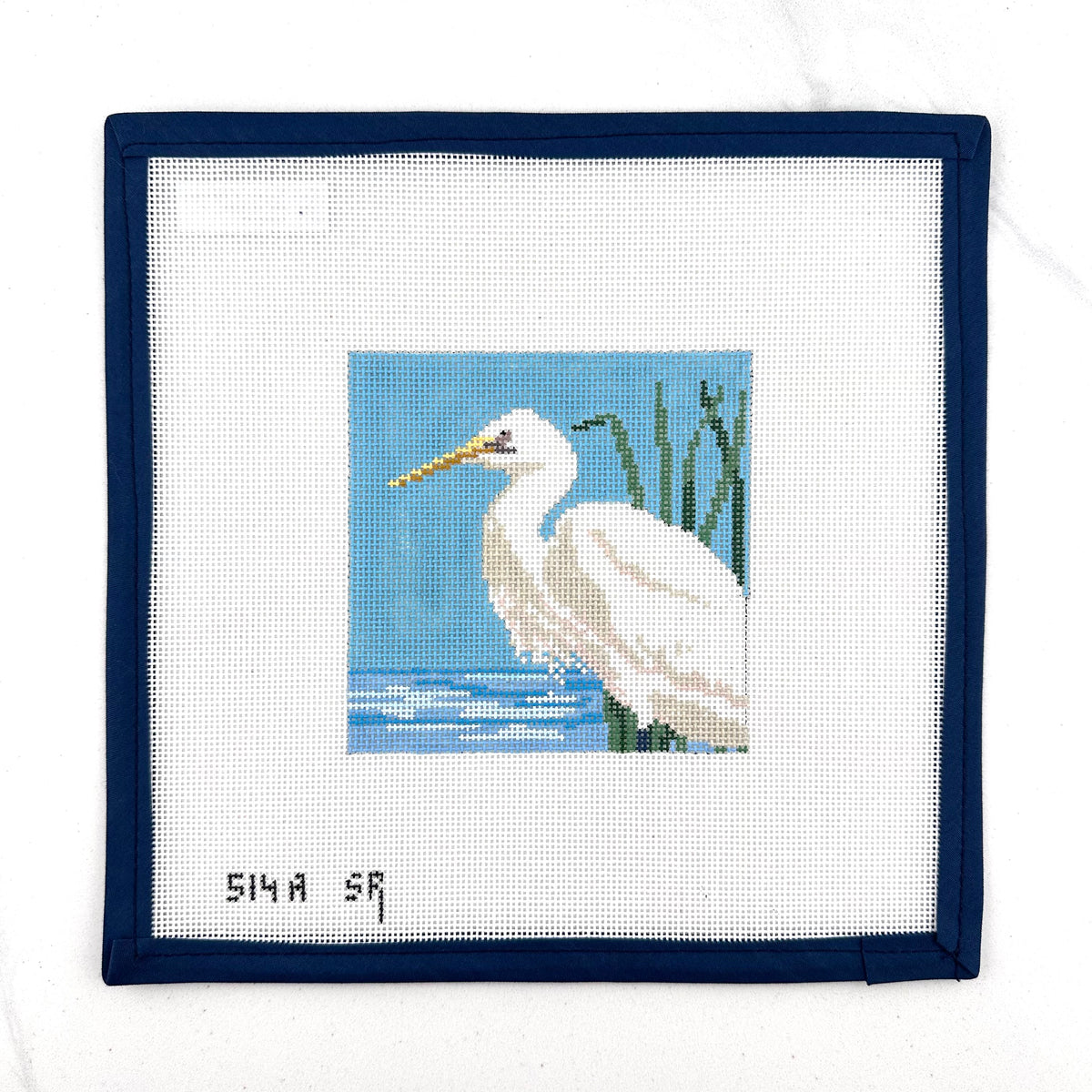 susan roberts snowy egret needlepoint canvas, 18 mesh, 4" x 4" square lying flat on white background