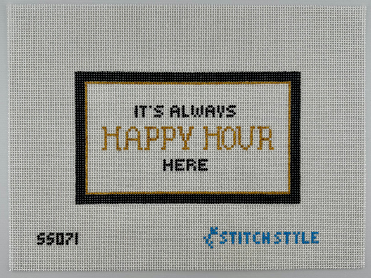 A needlepoint canvas featuring the text 'IT'S ALWAYS HAPPY HOUR HERE' in navy and gold lettering inside a navy and gold rectangular border. The canvas is on white 13 mesh, with the product code 'SS071' in black at the bottom left and the blue 'STITCHSTYLE' brand logo at the bottom right.
