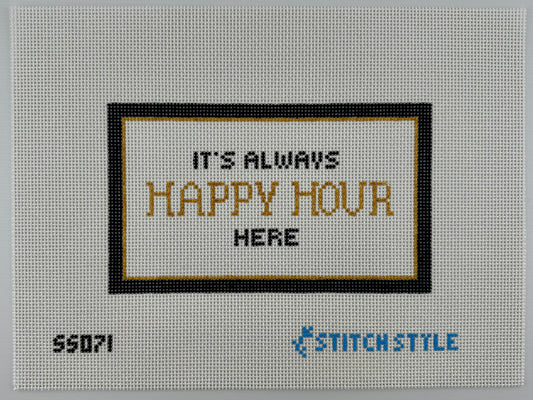 A needlepoint canvas featuring the text 'IT'S ALWAYS HAPPY HOUR HERE' in navy and gold lettering inside a navy and gold rectangular border. The canvas is on white 13 mesh, with the product code 'SS071' in black at the bottom left and the blue 'STITCHSTYLE' brand logo at the bottom right.