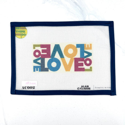 Love Canvas by Alan Claude — 18-mesh needlepoint canvas with multicolored repeating word pattern on yellow background