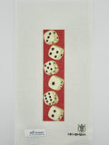 bookmark with 6 dice on red background on 18 mesh needlepoint canvas  flat one white background.