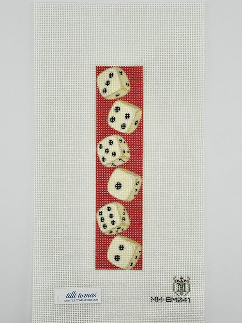 bookmark with 6 dice on red background on 18 mesh needlepoint canvas  flat one white background.