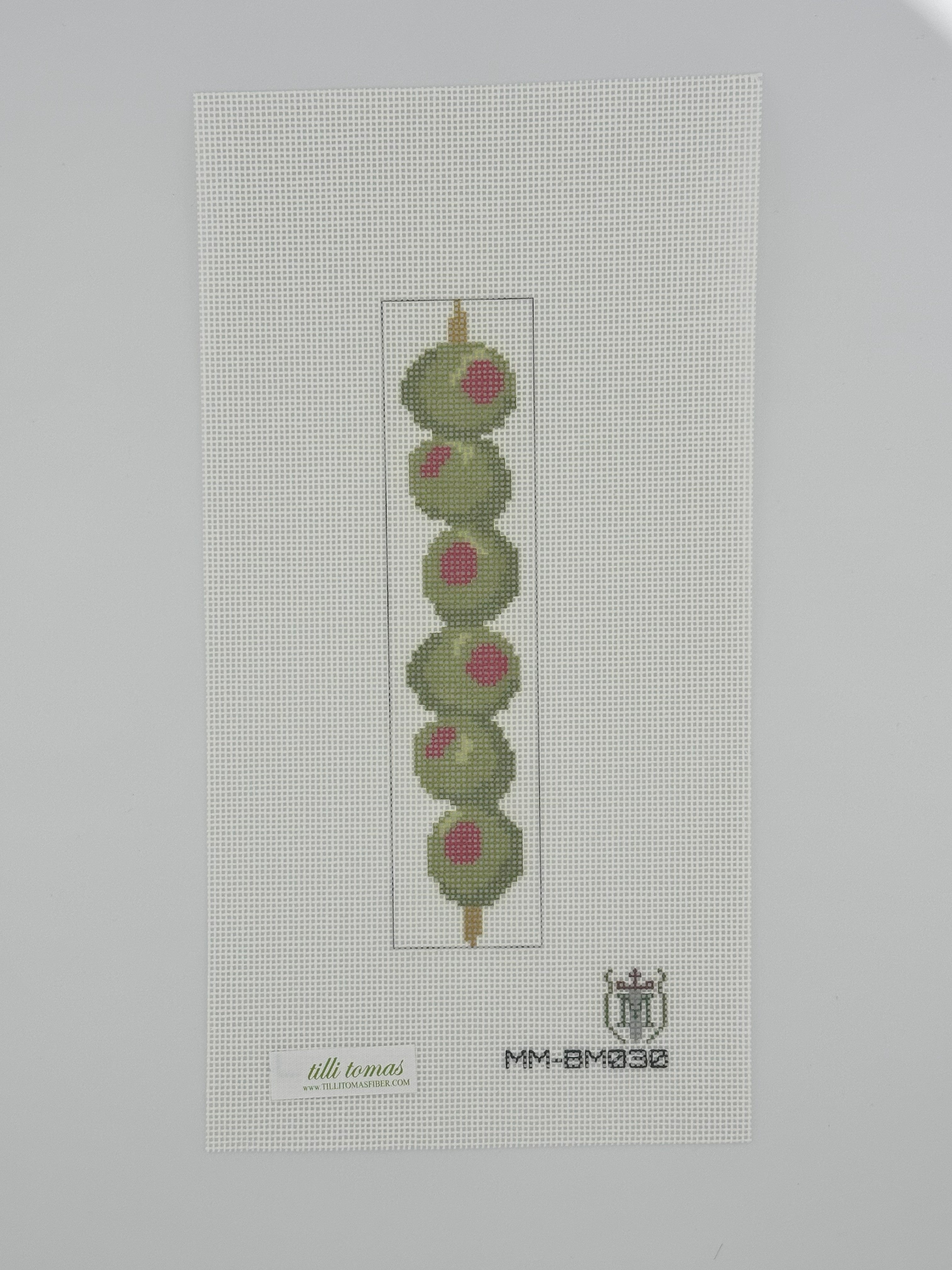 Olives Bookmark needlepoint canvas by Misty Morrow, 18 mesh, 1.5 x 6.5 inches, on white background