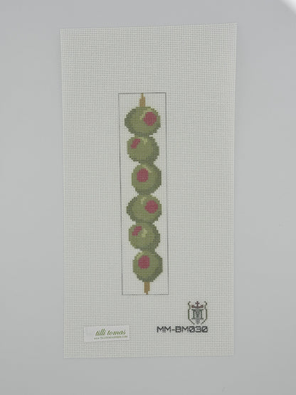 Olives Bookmark needlepoint canvas by Misty Morrow, 18 mesh, 1.5 x 6.5 inches, on white background