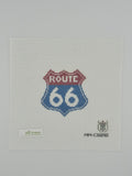 Route 66 needlepoint canvas by Misty Morrow on 18 mesh in red and blue 3" x 3" square lying flat on white background.