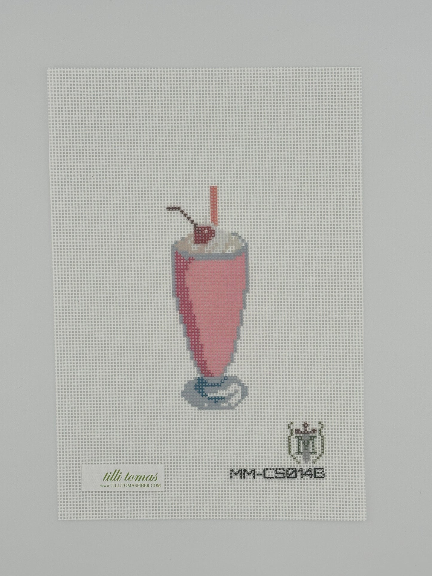 strawberry milkshake needlepoint canvas by misty morrow on 18 mesh 1.5" x4" lying flat on white background