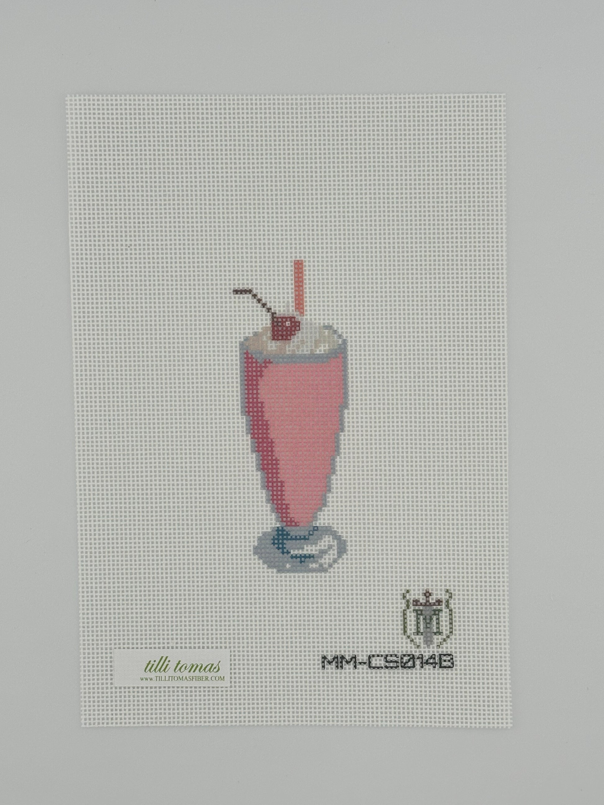 strawberry milkshake needlepoint canvas by misty morrow on 18 mesh 1.5" x4" lying flat on white background