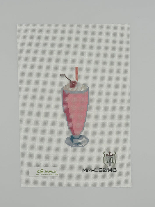 strawberry milkshake needlepoint canvas by misty morrow on 18 mesh 1.5" x4" lying flat on white background