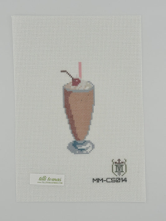 chocolate milkshake needlepoint canvas by misty morrow on 18 mesh 1.5" x4" lying flat on white background