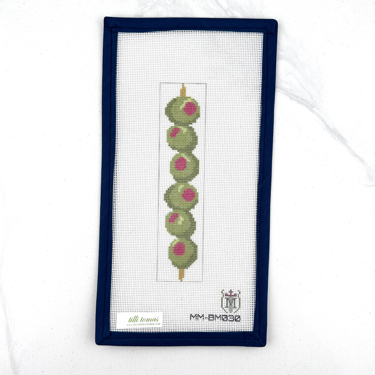 Olives Bookmark needlepoint canvas by Misty Morrow, 18 mesh, 1.5 x 6.5 inches, on white background