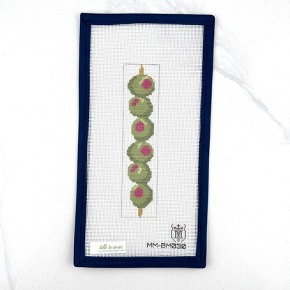 Olives Bookmark needlepoint canvas by Misty Morrow, 18 mesh, 1.5 x 6.5 inches, on white background
