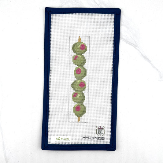 Olives Bookmark needlepoint canvas by Misty Morrow, 18 mesh, 1.5 x 6.5 inches, on white background