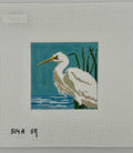 susan roberts snowy egret needlepoint canvas, 18 mesh, 4" x 4" square lying flat on white background