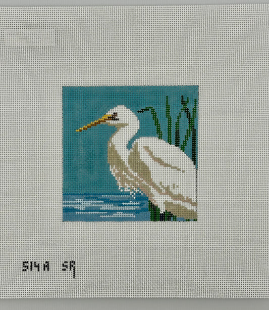 susan roberts snowy egret needlepoint canvas, 18 mesh, 4" x 4" square lying flat on white background