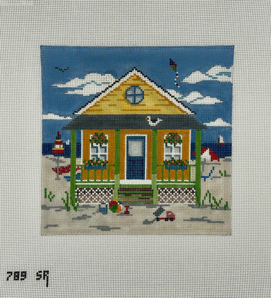 susan roberts yellow beach cottage needlepoint canvas, 18 mesh, square 6.25" x 6.25" lying flat on white background