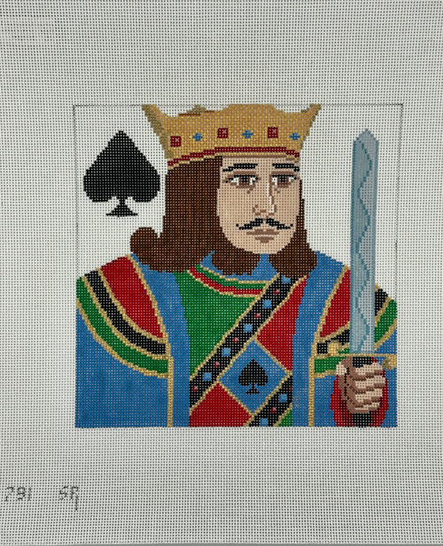 susan roberts king of spades needlepoint canvas, 18 mesh, 6.5" square lying flat on white background