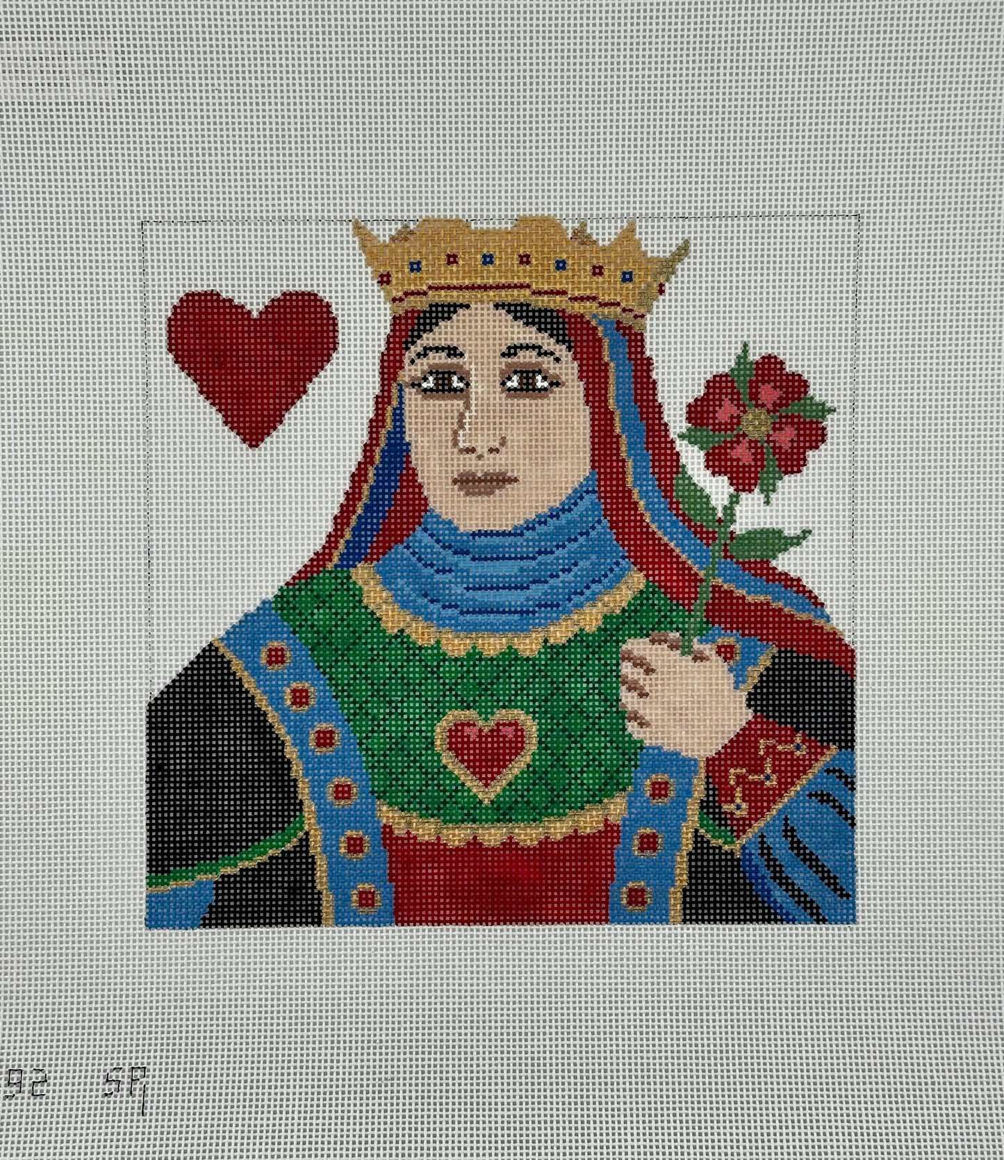 susan roberts queen of hearts needlepoint canvas, 18 mesh, 6.5" square lying flat on white background