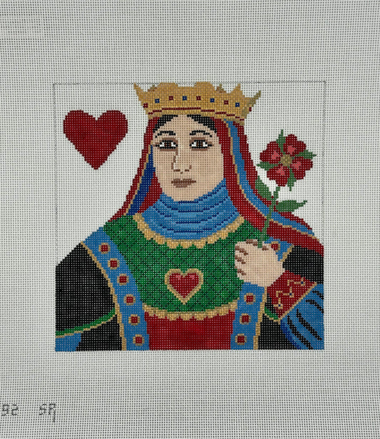susan roberts queen of hearts needlepoint canvas, 18 mesh, 6.5" square lying flat on white background