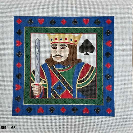 susan roberts king of spades needlepoint canvas, 13 mesh, square 14" x 14" lying flat on white background