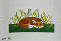 susan roberts sleeping fox needlepoint canvas, 13 mesh, 13" x 8" lying flat on white background