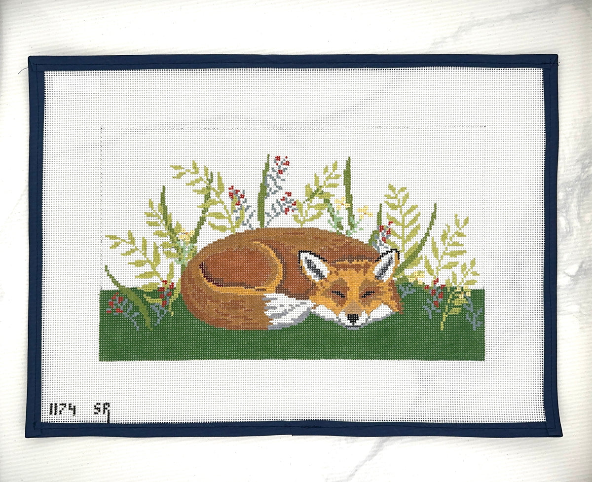 susan roberts sleeping fox needlepoint canvas, 13 mesh, 13" x 8" lying flat on white background