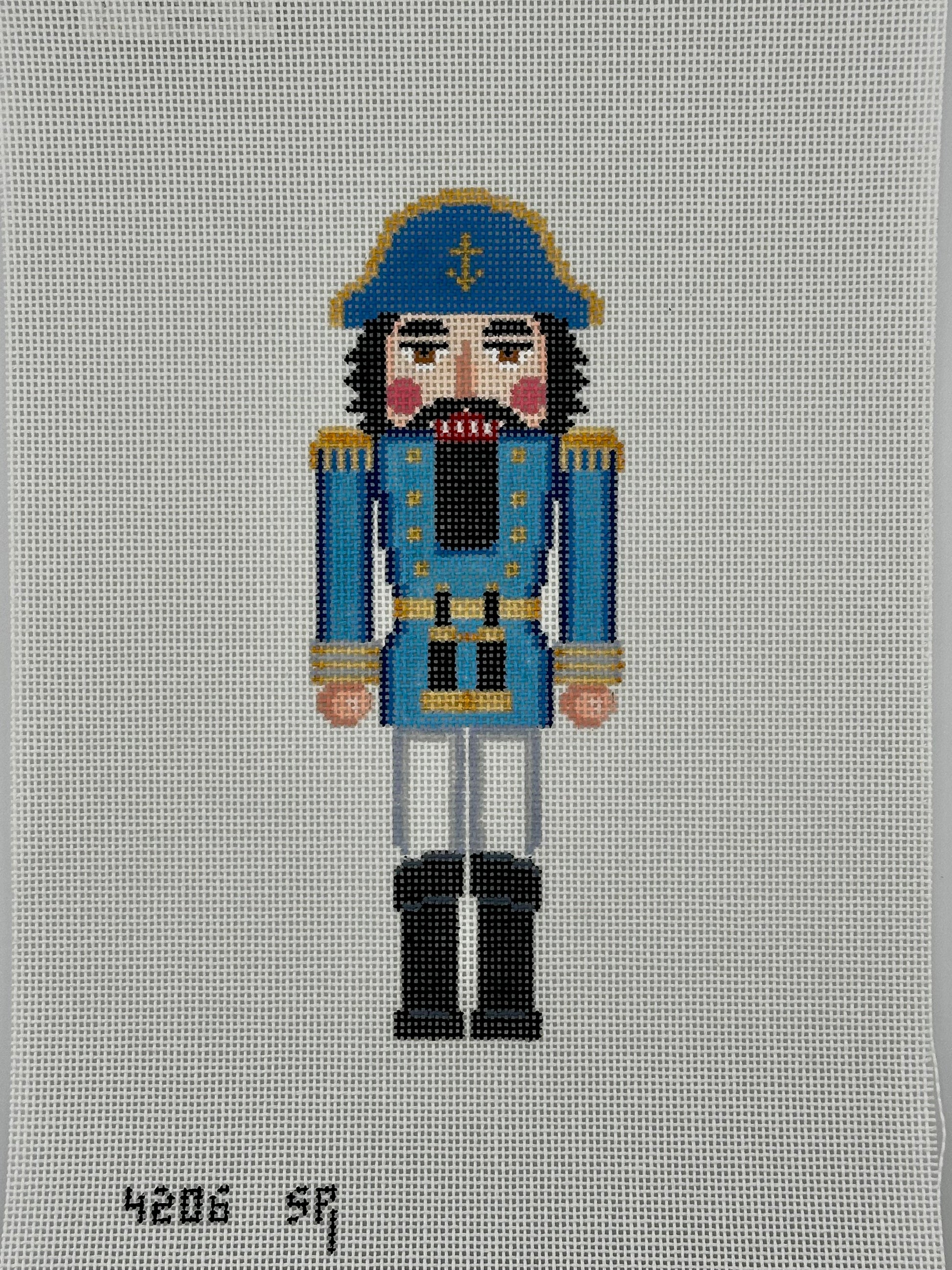 susan roberts blue sea captain nutcracker canvas, 18 mesh, 6.5" high lying flat on white background